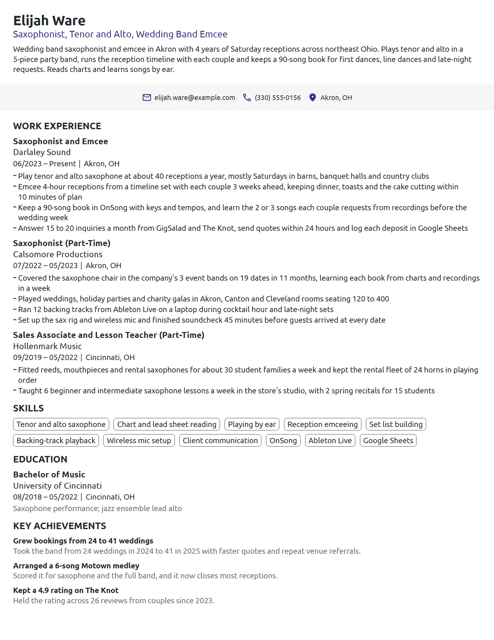 Wedding Band Musician resume example