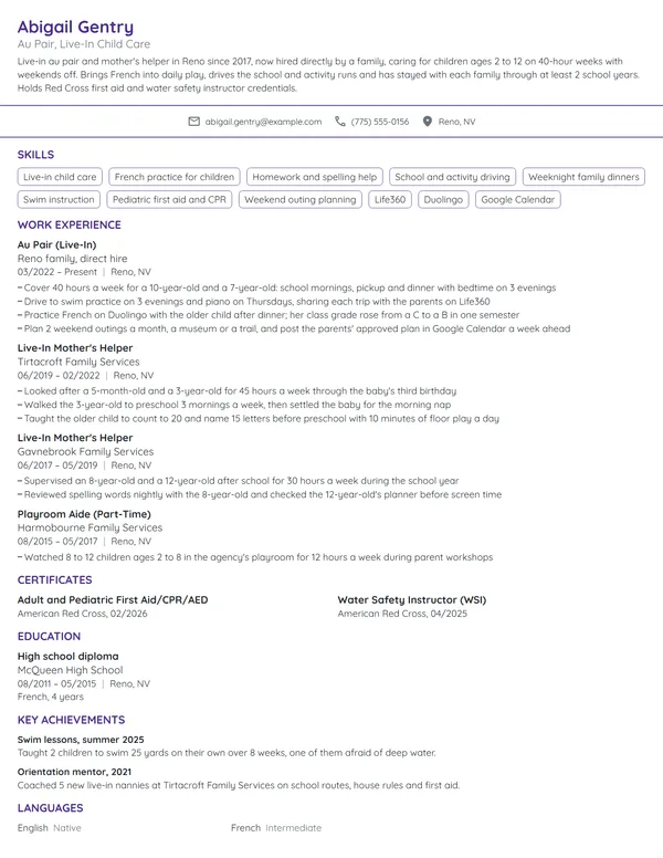 Au Pair resume example