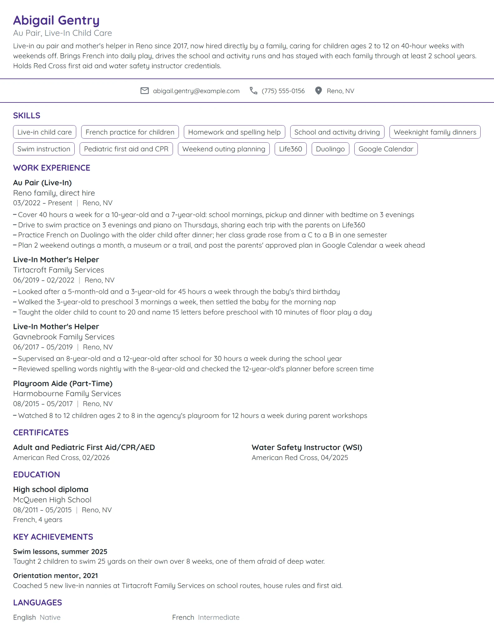 Au Pair resume example
