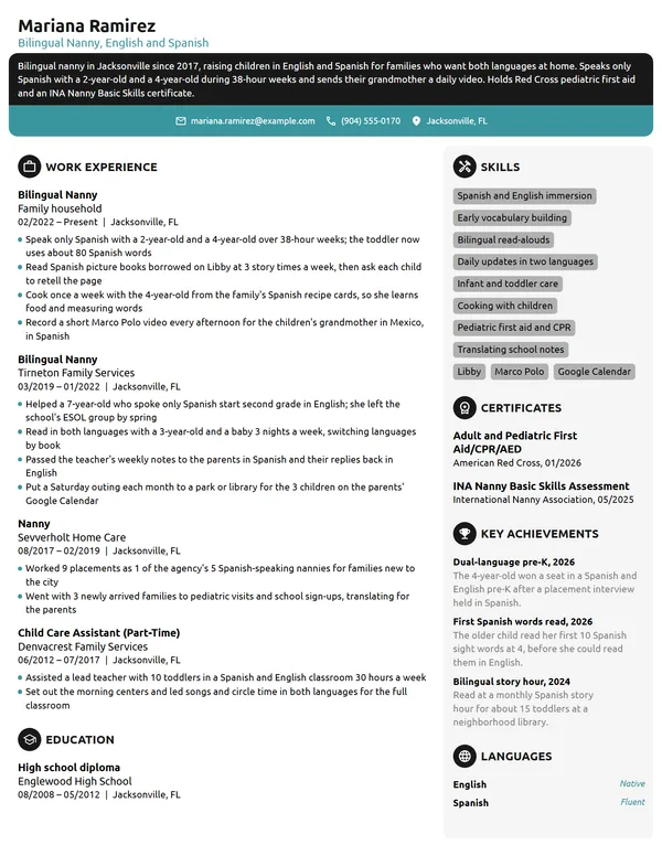Bilingual Nanny resume example