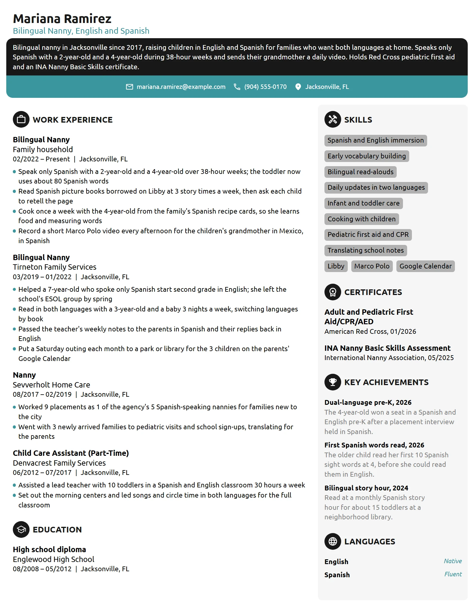 Bilingual Nanny resume example