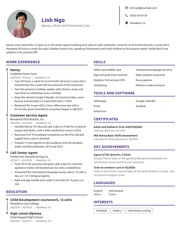 Career Change Nanny resume example