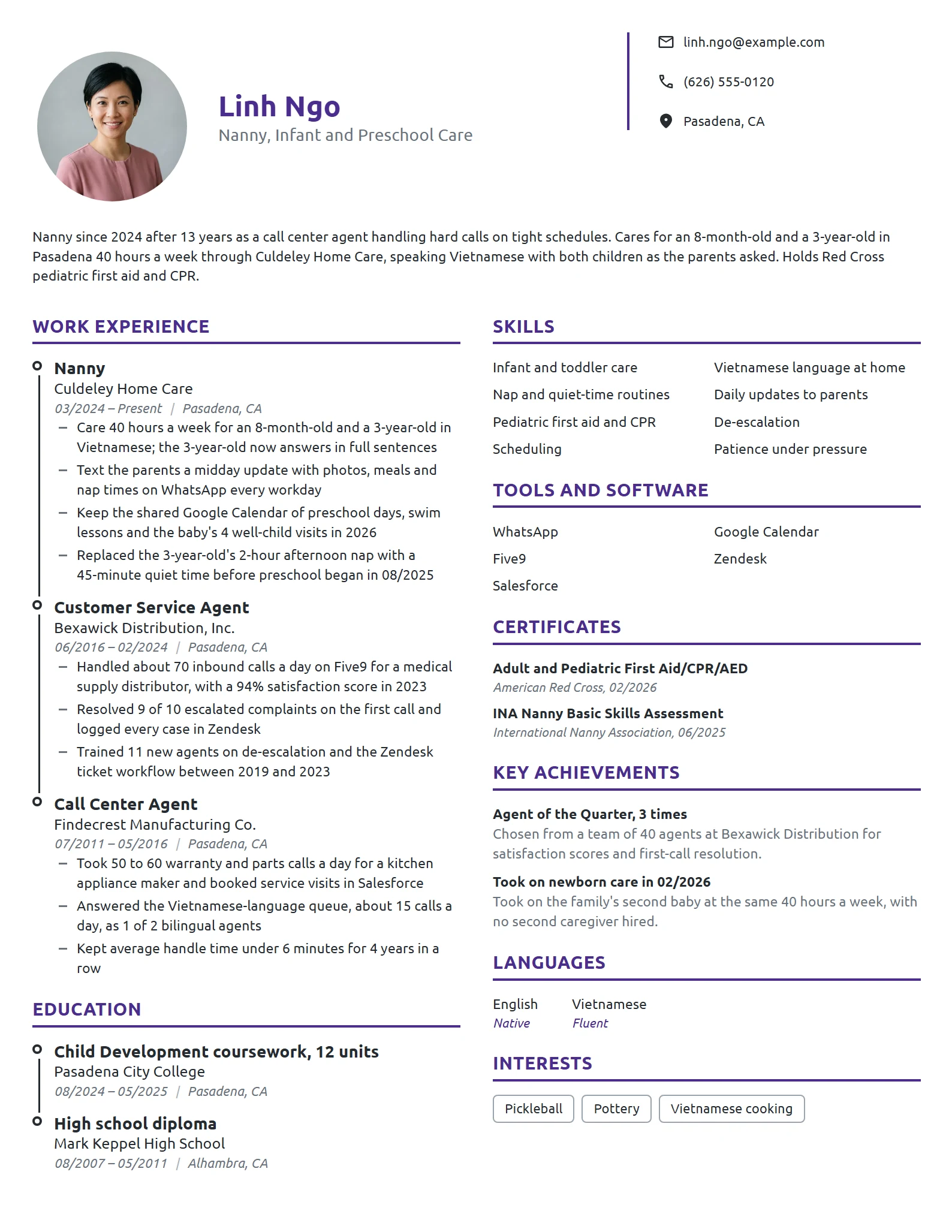 Career Change Nanny resume example