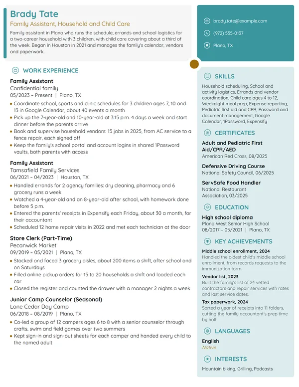 Family Assistant resume example