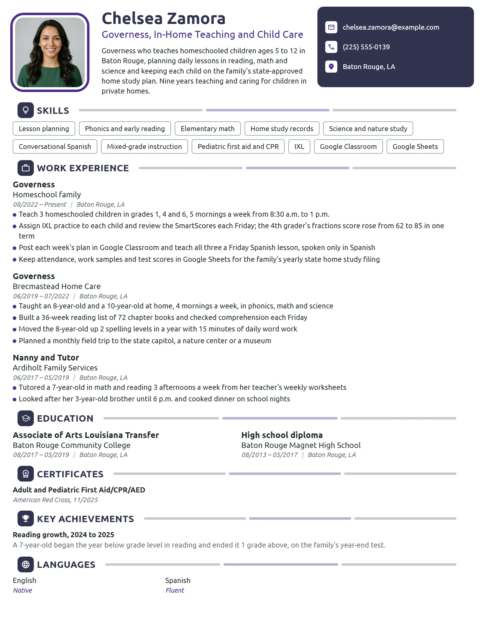 Governess resume example