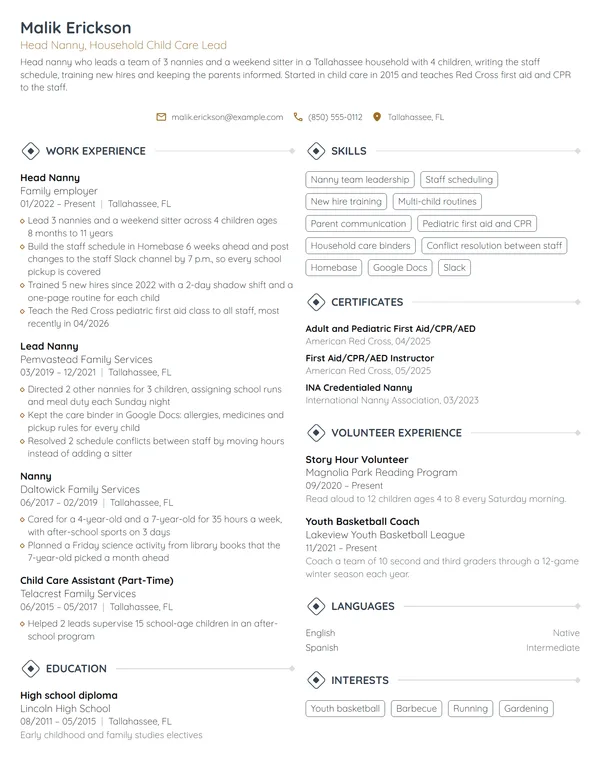 Head Nanny resume example