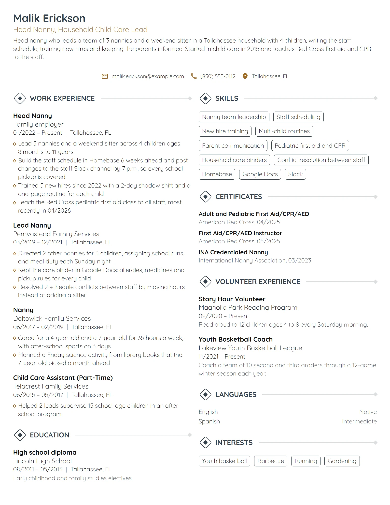 Head Nanny resume example