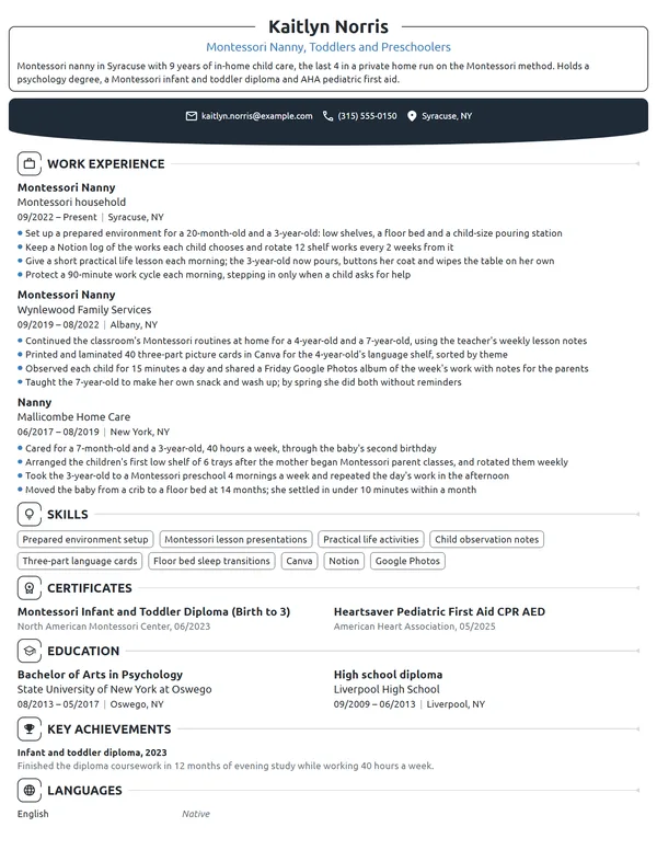 Montessori Nanny resume example