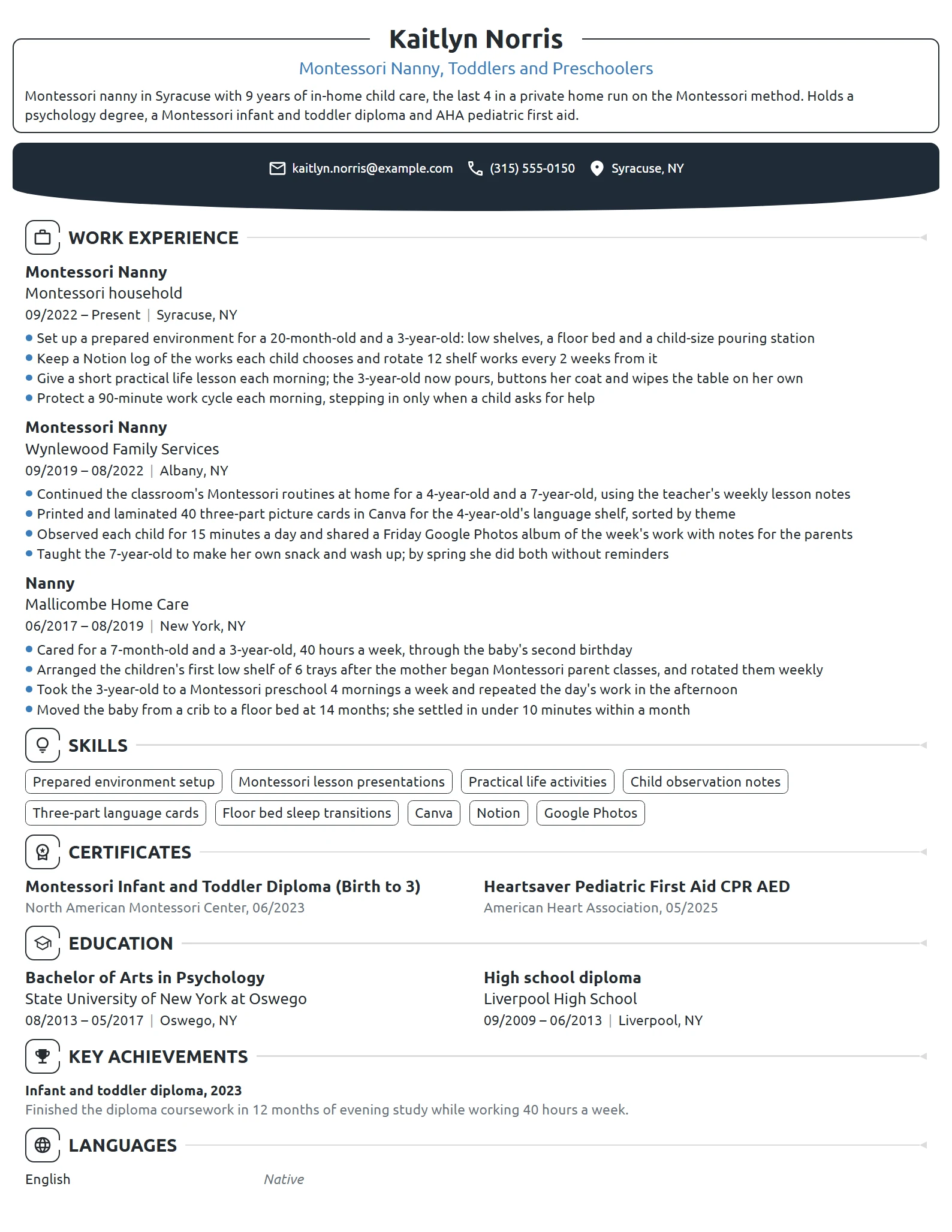 Montessori Nanny resume example