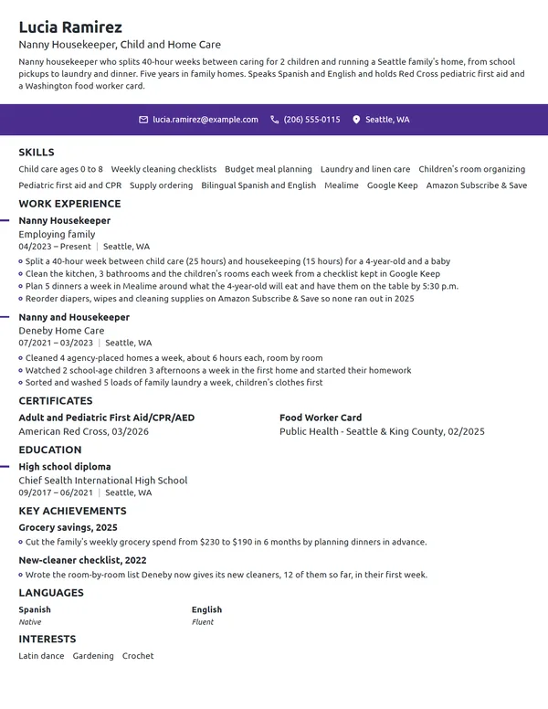 Nanny Housekeeper resume example