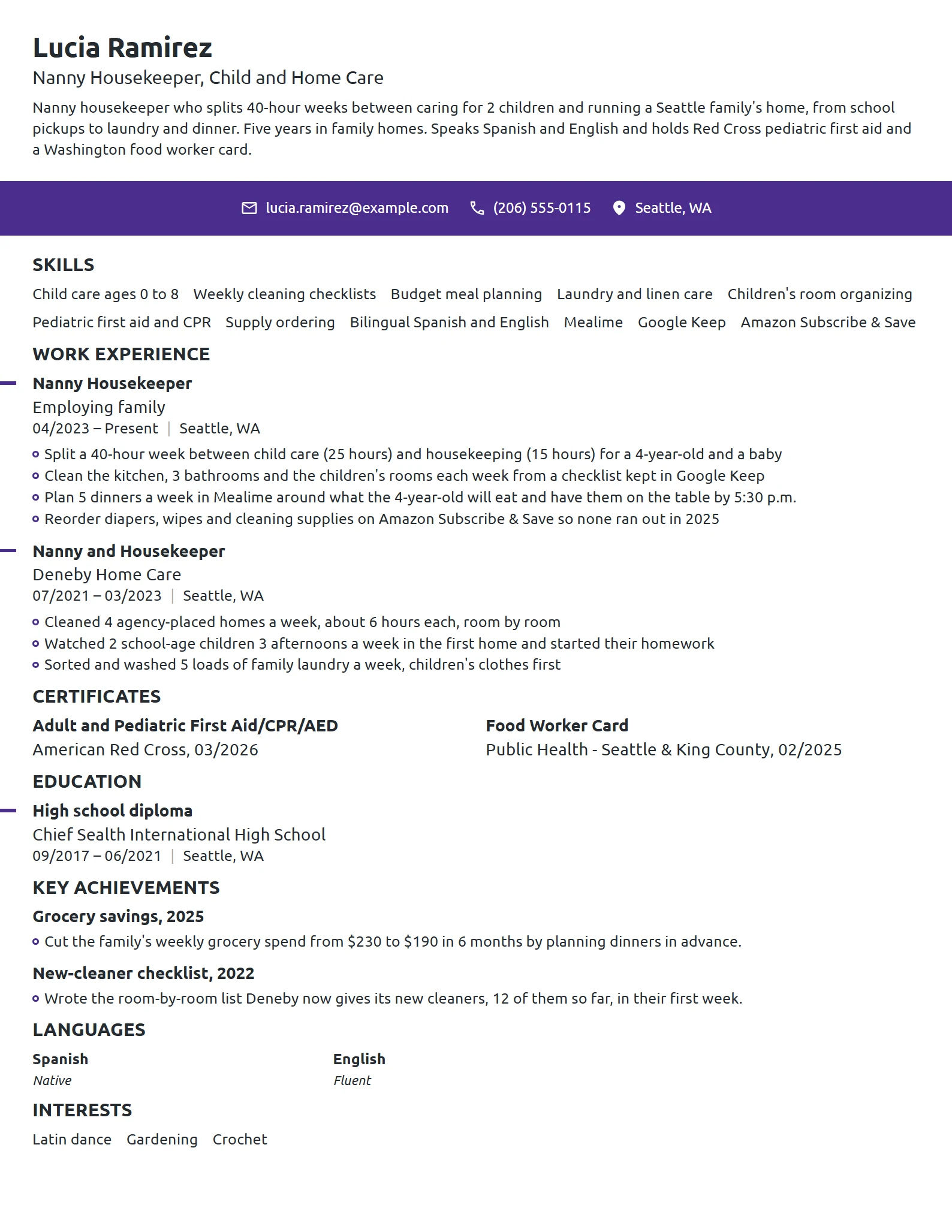 Nanny Housekeeper resume example