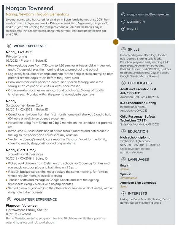 Nanny resume example