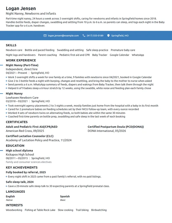 Night Nanny resume example