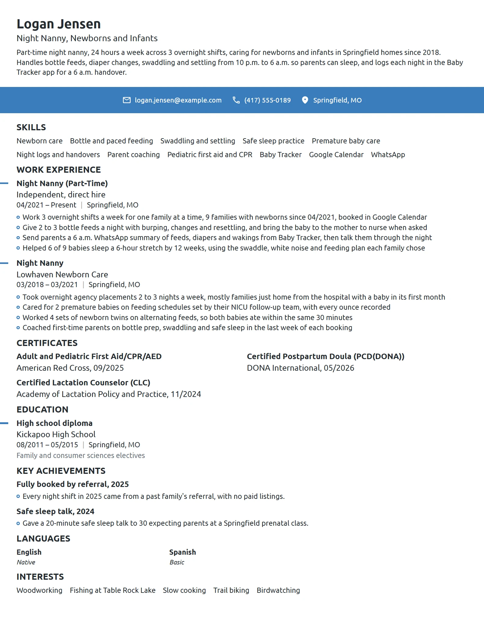 Night Nanny resume example