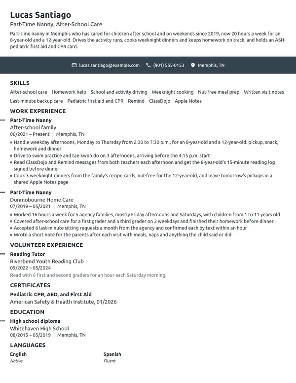 Part-Time Nanny resume example