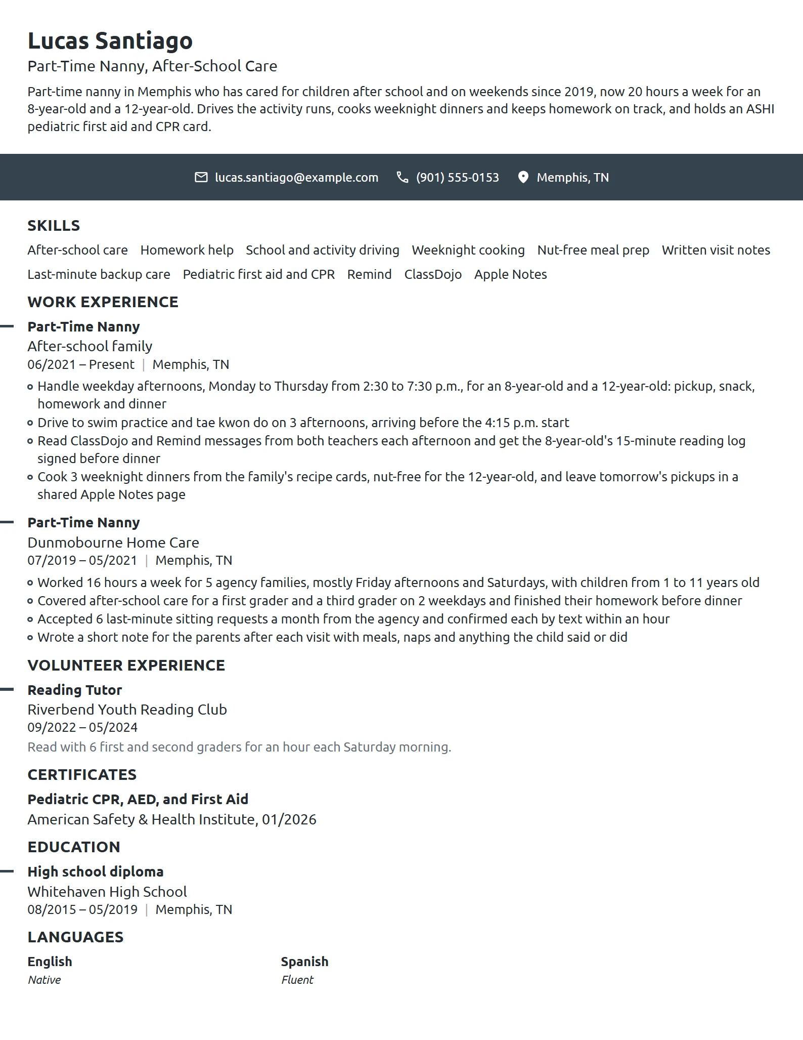 Part-Time Nanny resume example