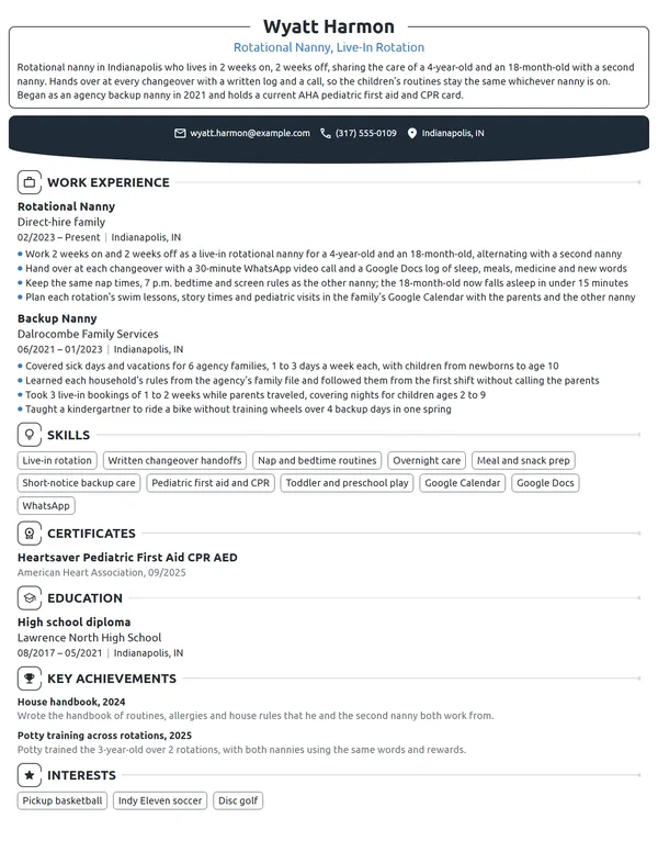 Rotational Nanny resume example