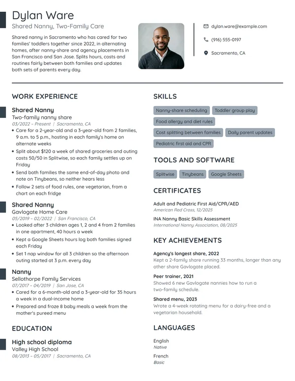 Shared Nanny resume example
