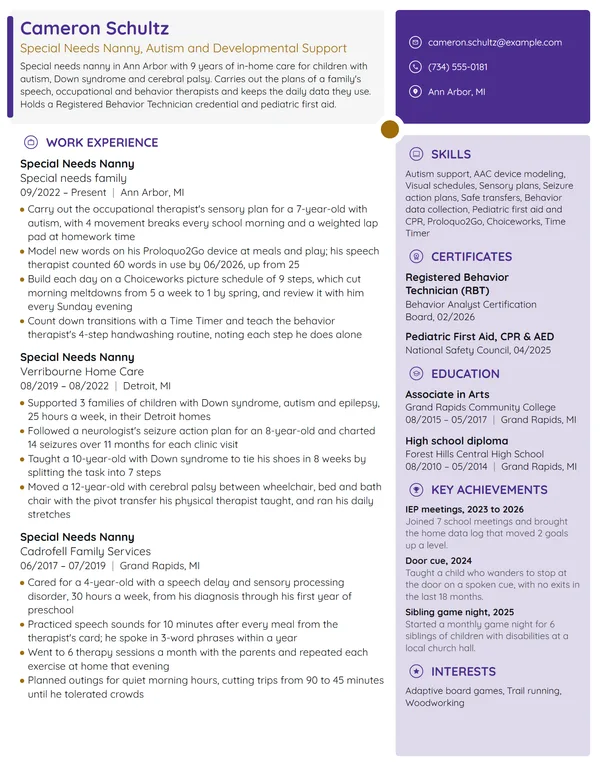 Special Needs Nanny resume example