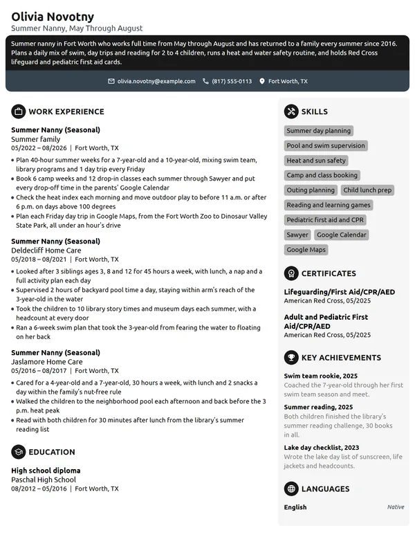 Summer Nanny resume example