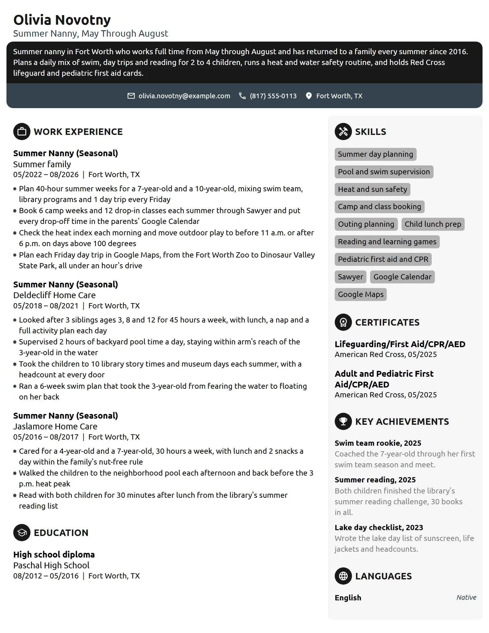 Summer Nanny resume example