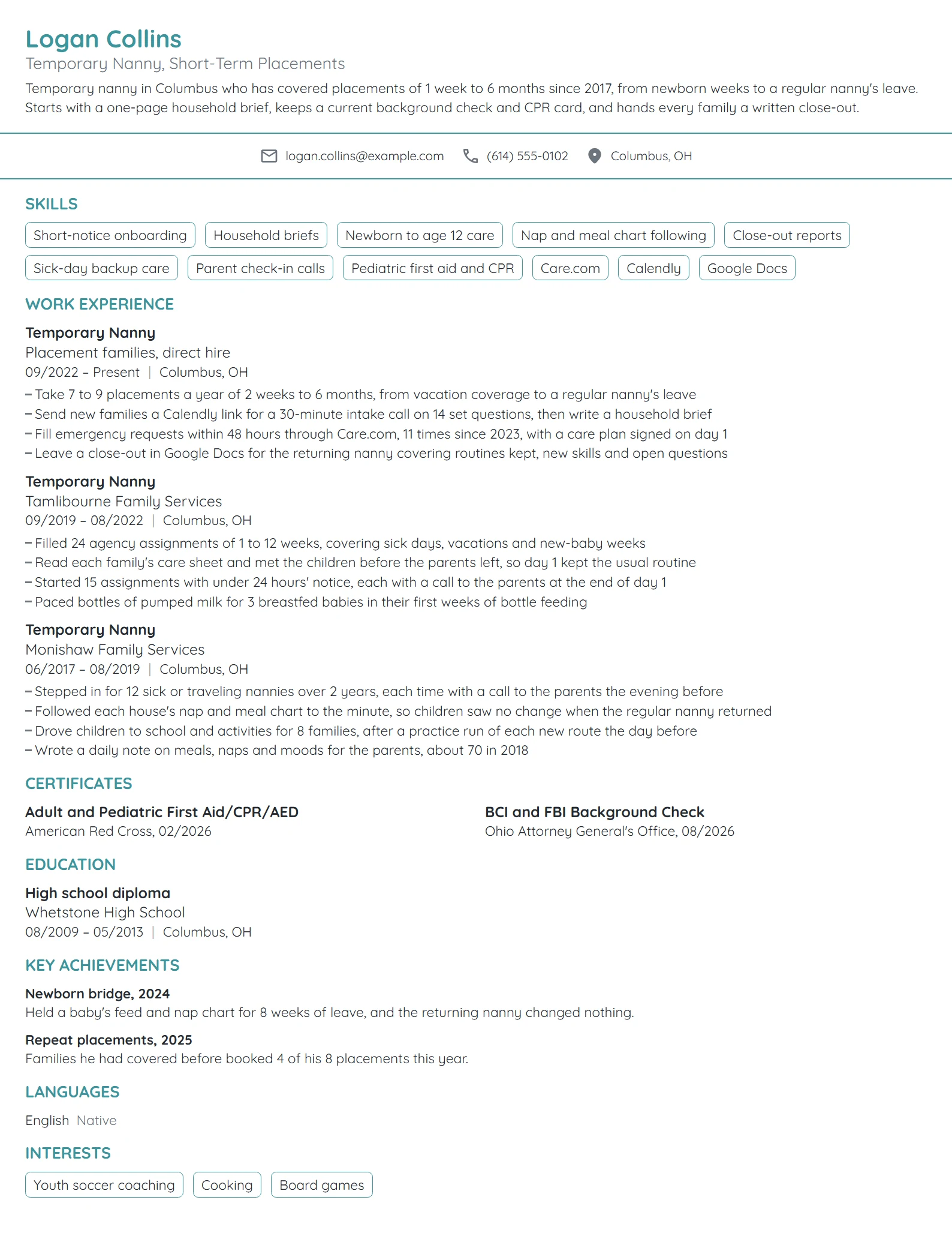 Temporary Nanny resume example