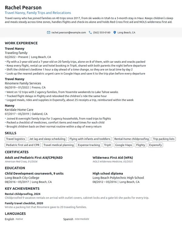 Travel Nanny resume example