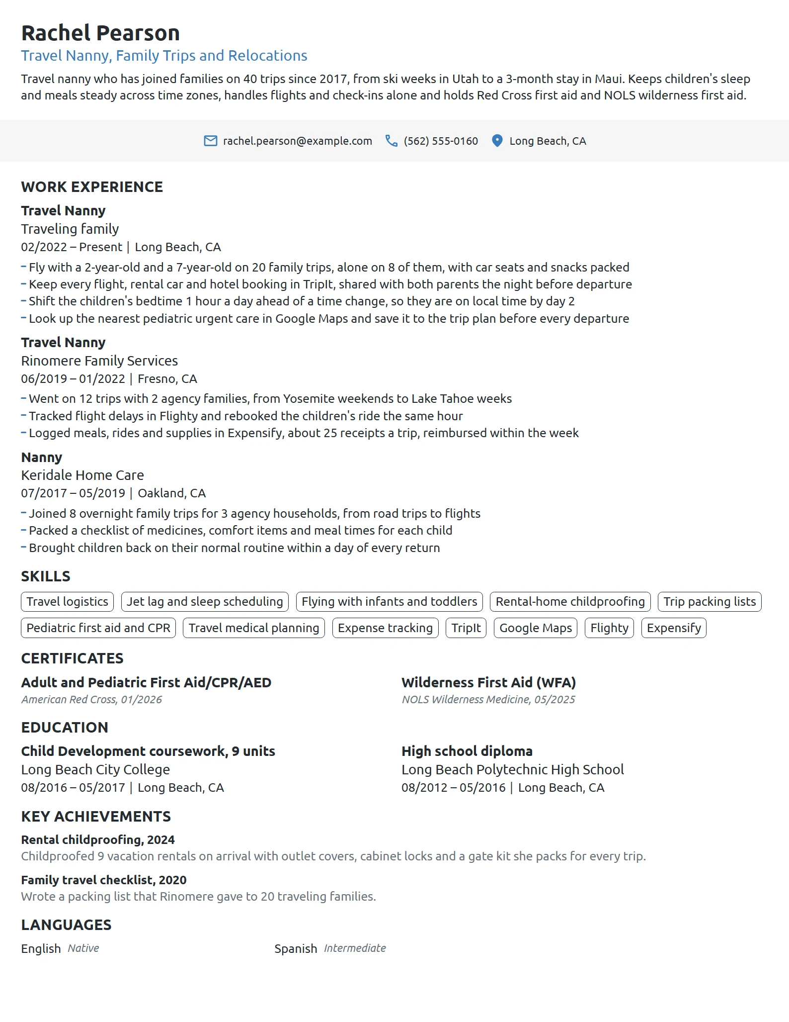 Travel Nanny resume example