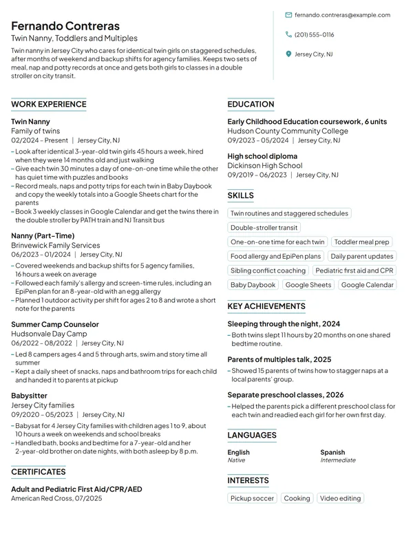 Twin Nanny resume example