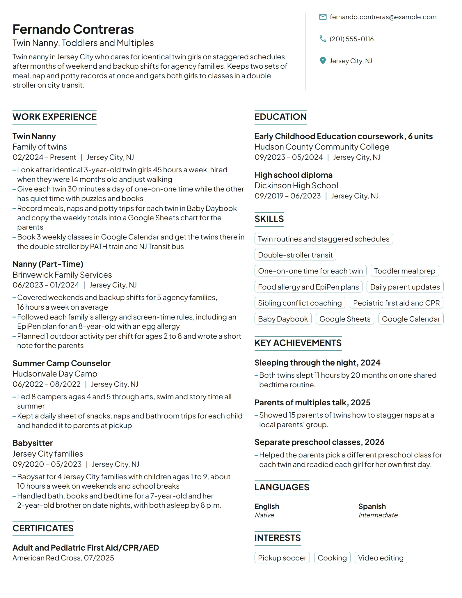 Twin Nanny resume example