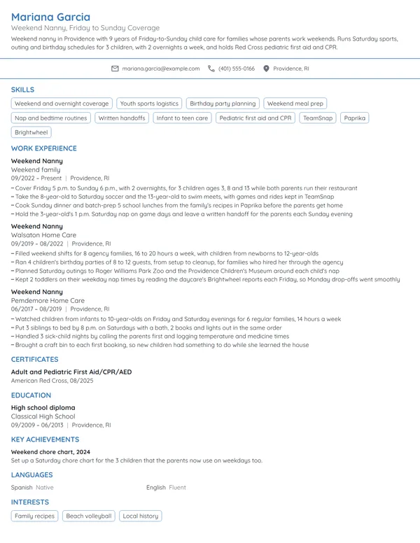 Weekend Nanny resume example