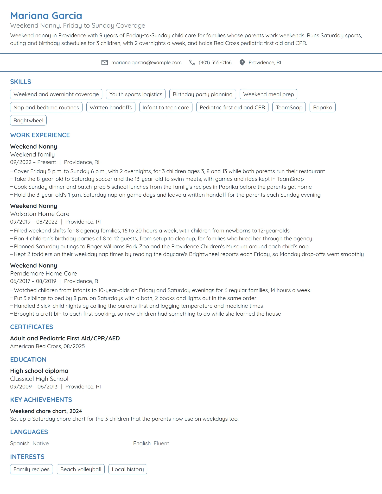 Weekend Nanny resume example