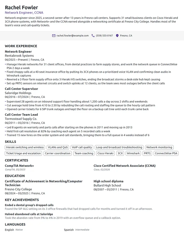 Career Change Network Engineer resume example