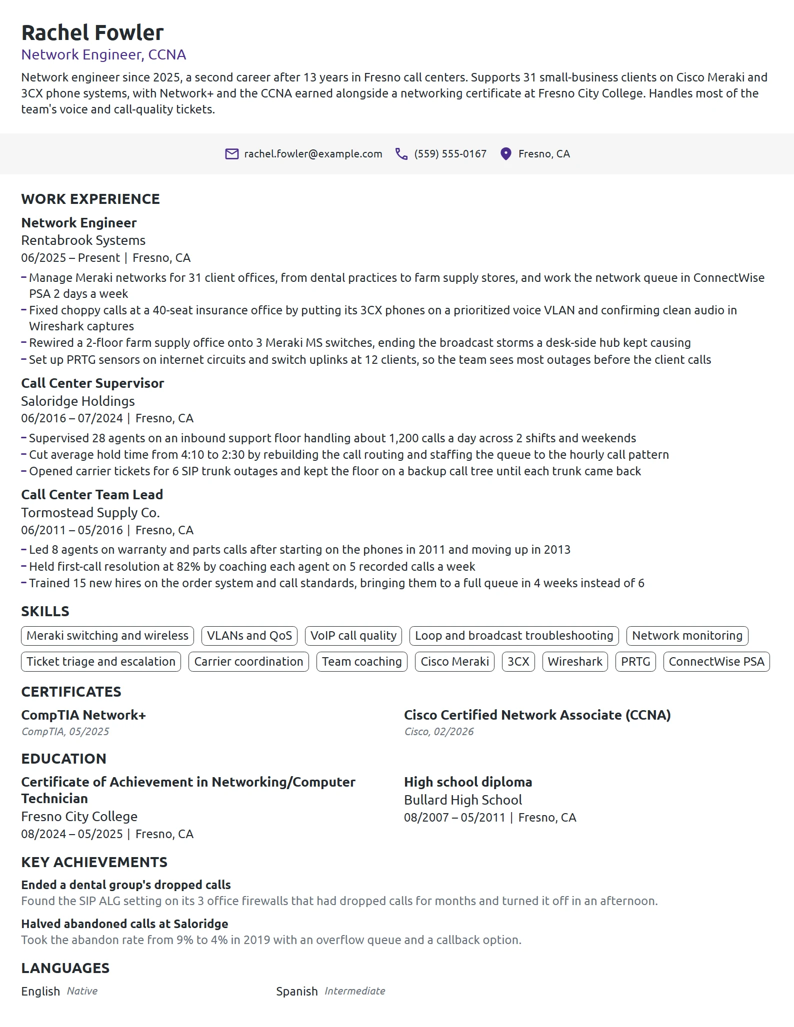 Career Change Network Engineer resume example