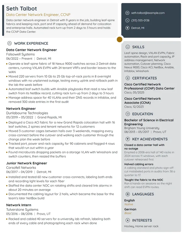 Data Center Network Engineer resume example