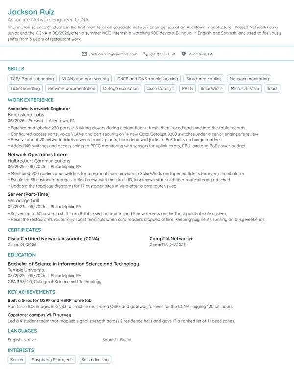 Entry-Level Network Engineer resume example