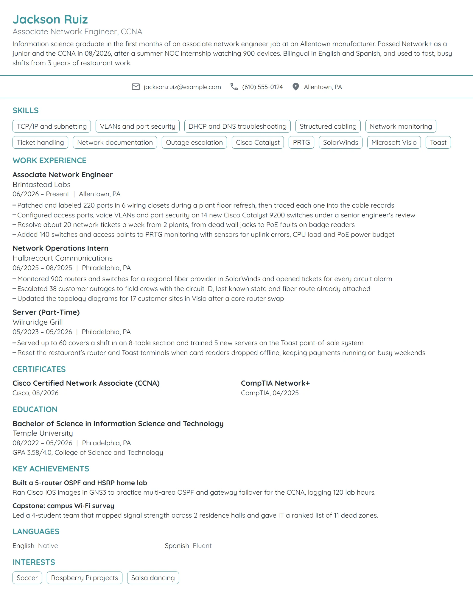 Entry-Level Network Engineer resume example