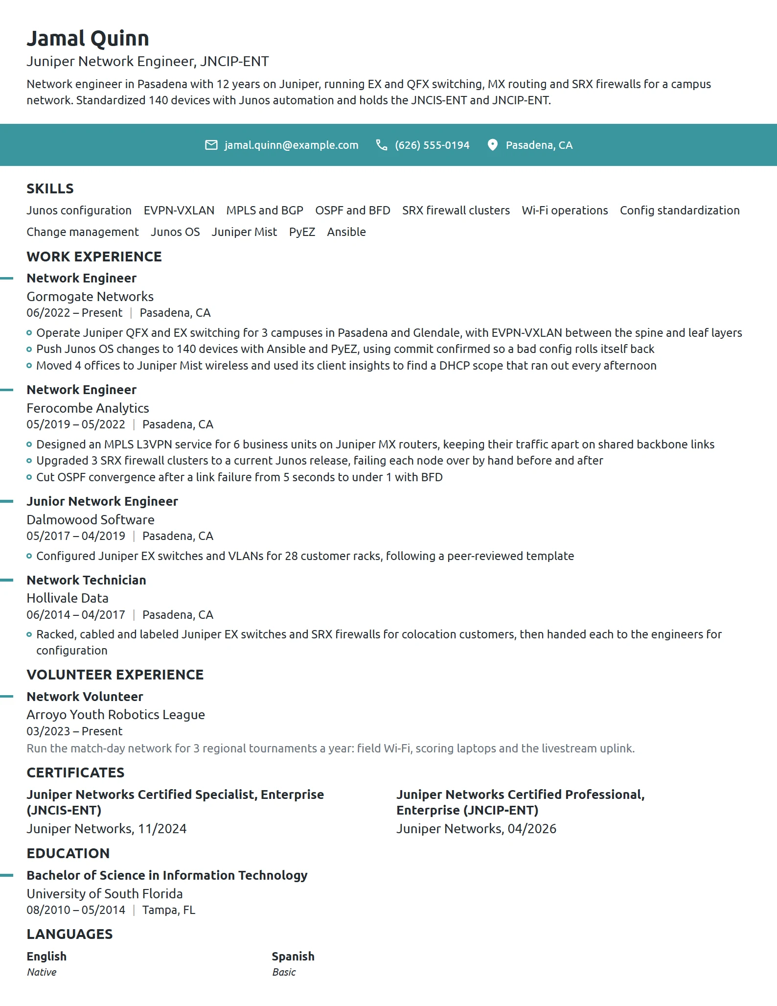 Juniper Network Engineer resume example