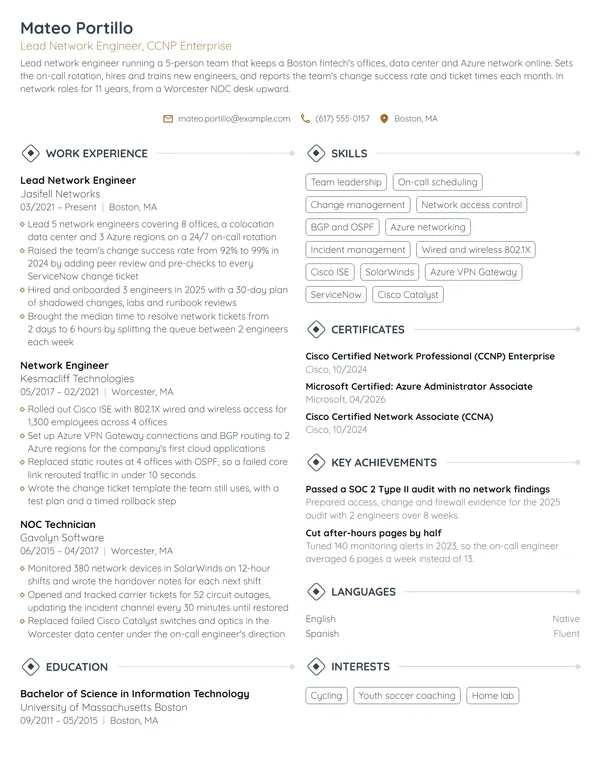 Lead Network Engineer resume example
