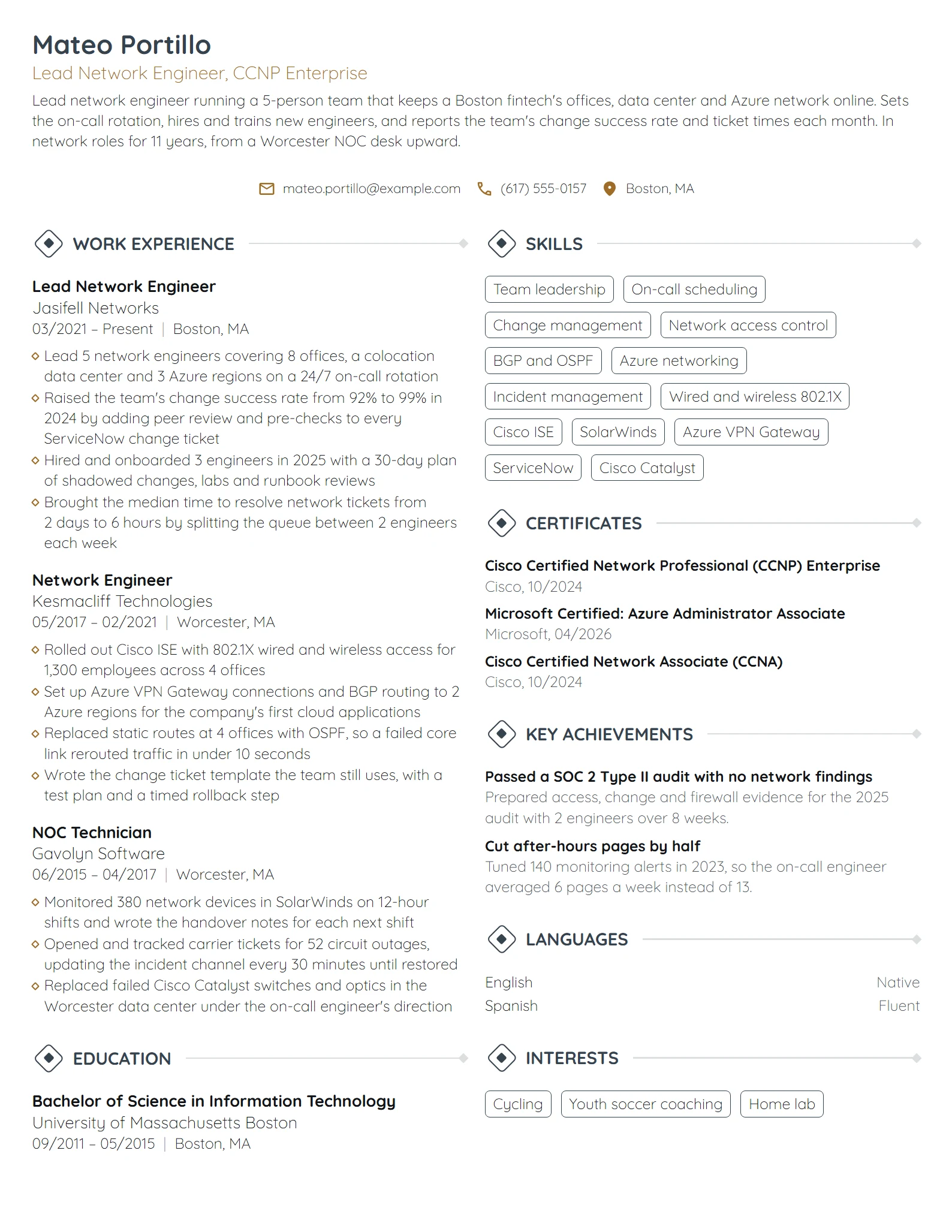 Lead Network Engineer resume example