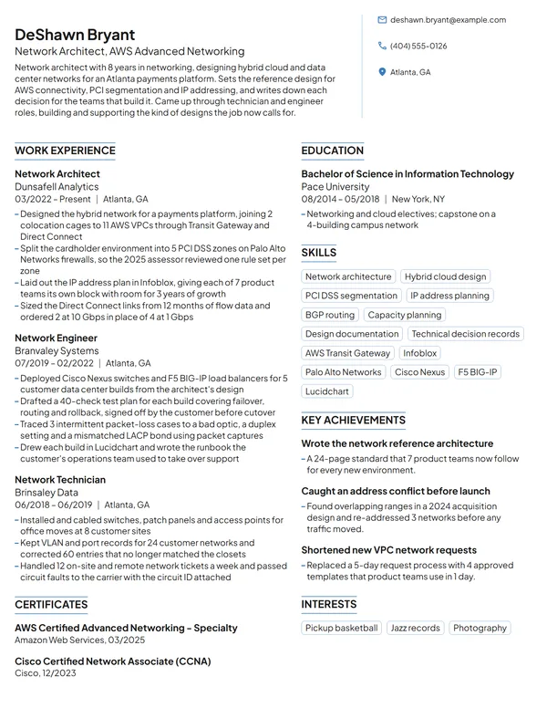 Network Architect resume example