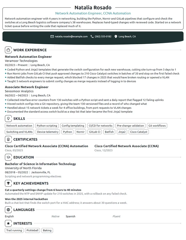 Network Automation Engineer resume example