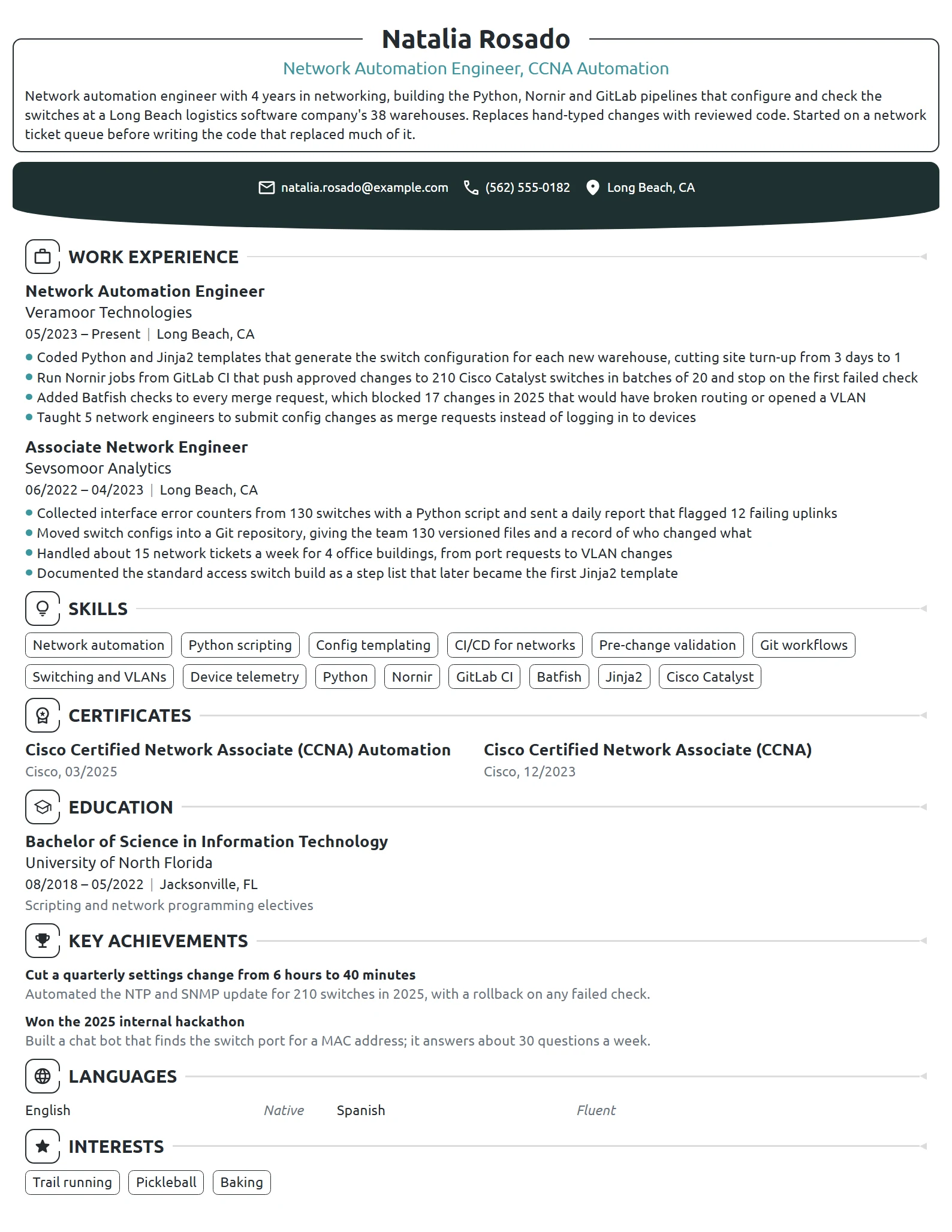 Network Automation Engineer resume example