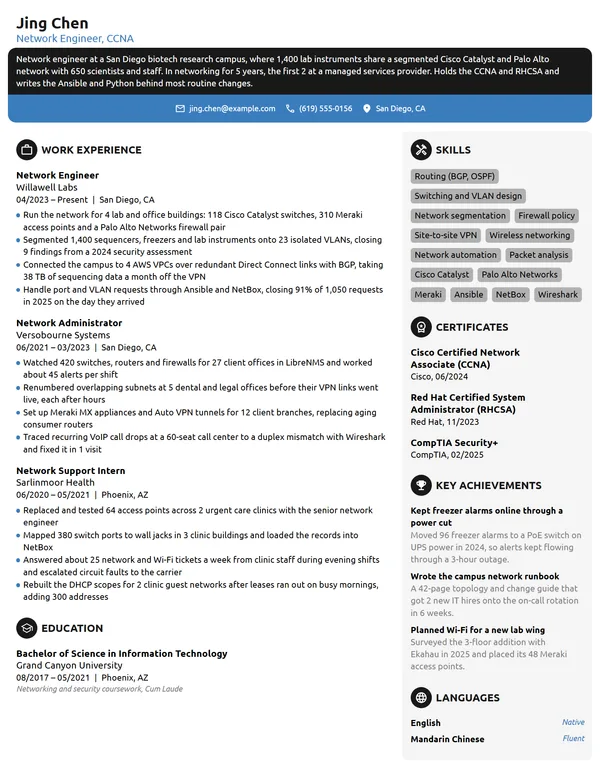 Network Engineer resume example