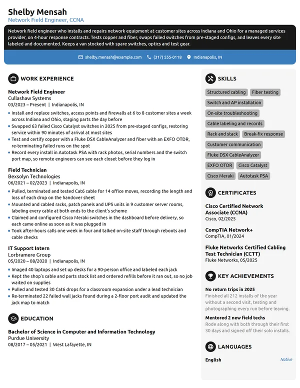 Network Field Engineer resume example