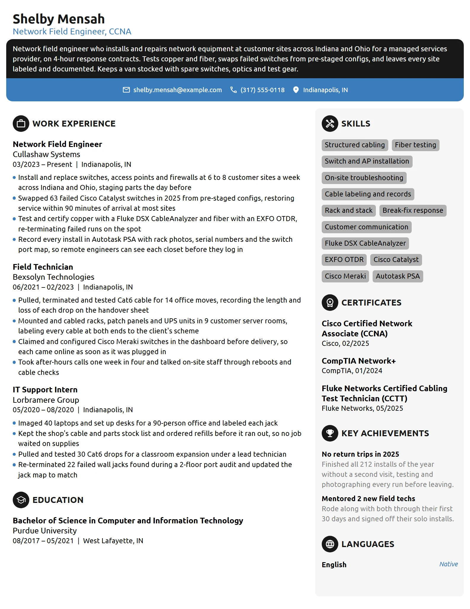 Network Field Engineer resume example