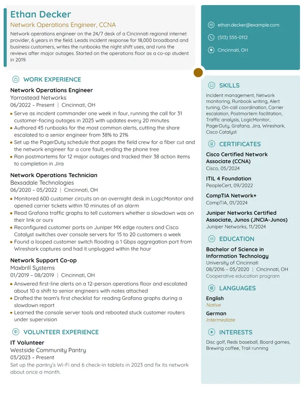 Network Operations Engineer resume example