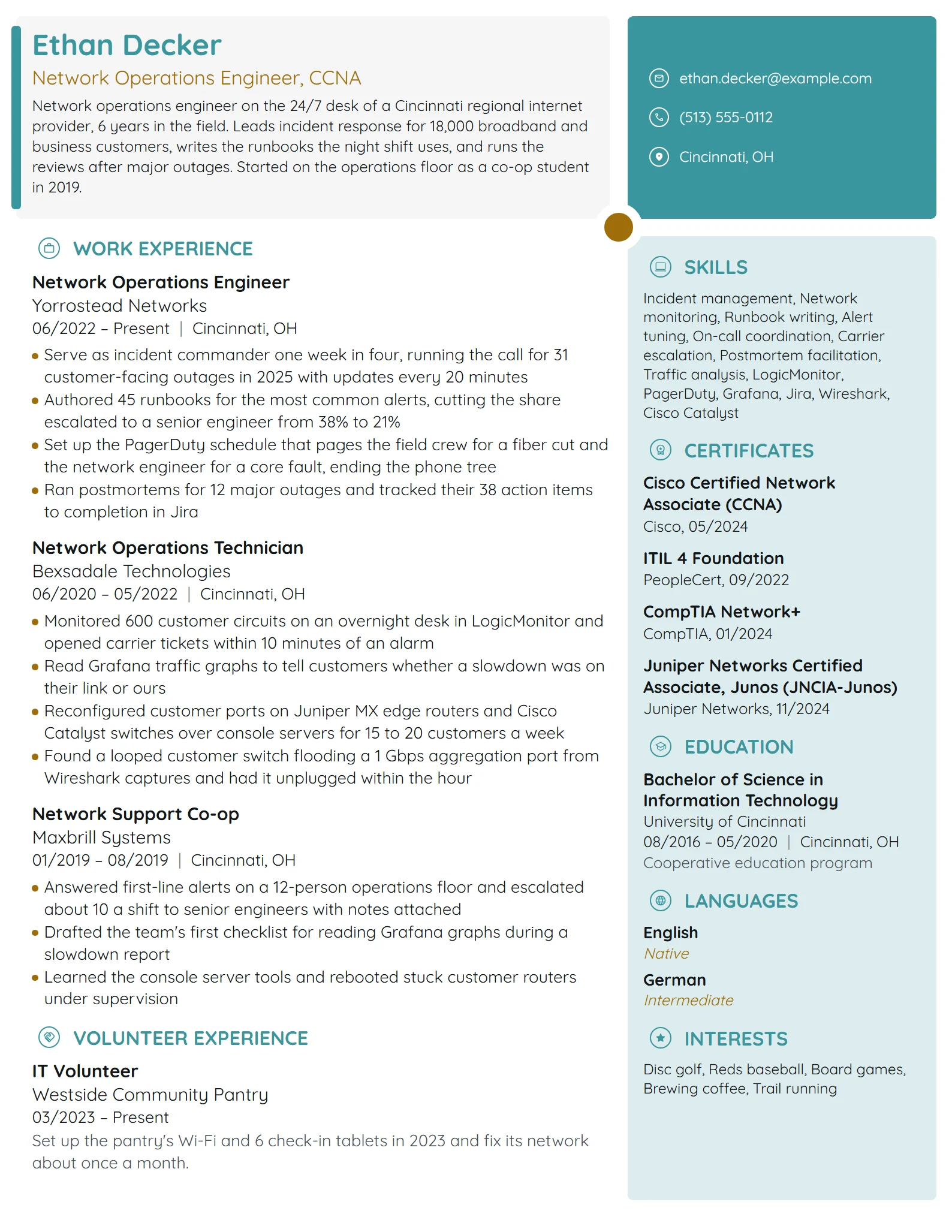 Network Operations Engineer resume example
