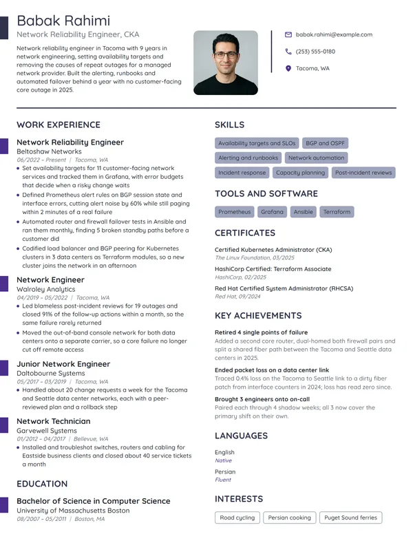 Network Reliability Engineer resume example