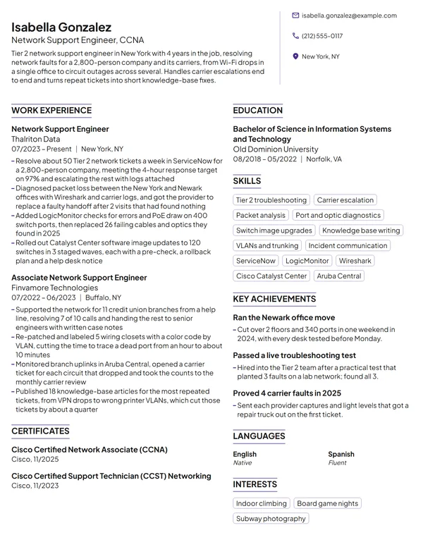 Network Support Engineer resume example